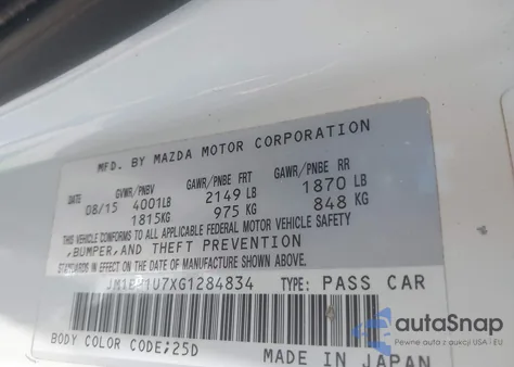 2016 Mazda 3 Sport z USA, uszkodzony, nr VIN JM1BM1U7XG1284834